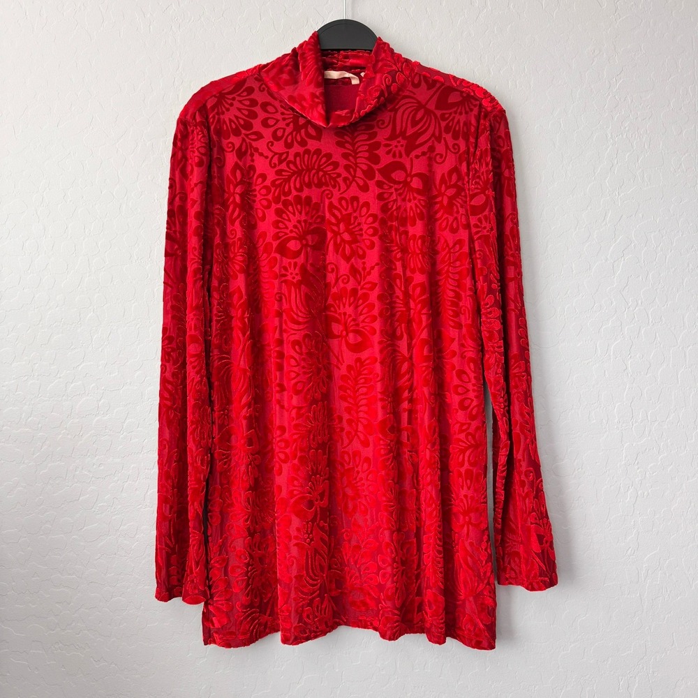 Soft Surroundings Large Tunic Red Long Sleeve Velvet Floral Mock Rhinestone